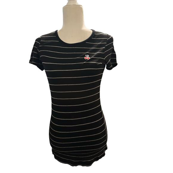 Sundry Black/Gray Stripe Waffle Knit Dress with Cherry Appliqué, Size Small NWT - Picture 4 of 7